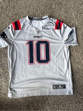 NFL Patriots #10 Men's Jersey in White and Navy with Red Accents